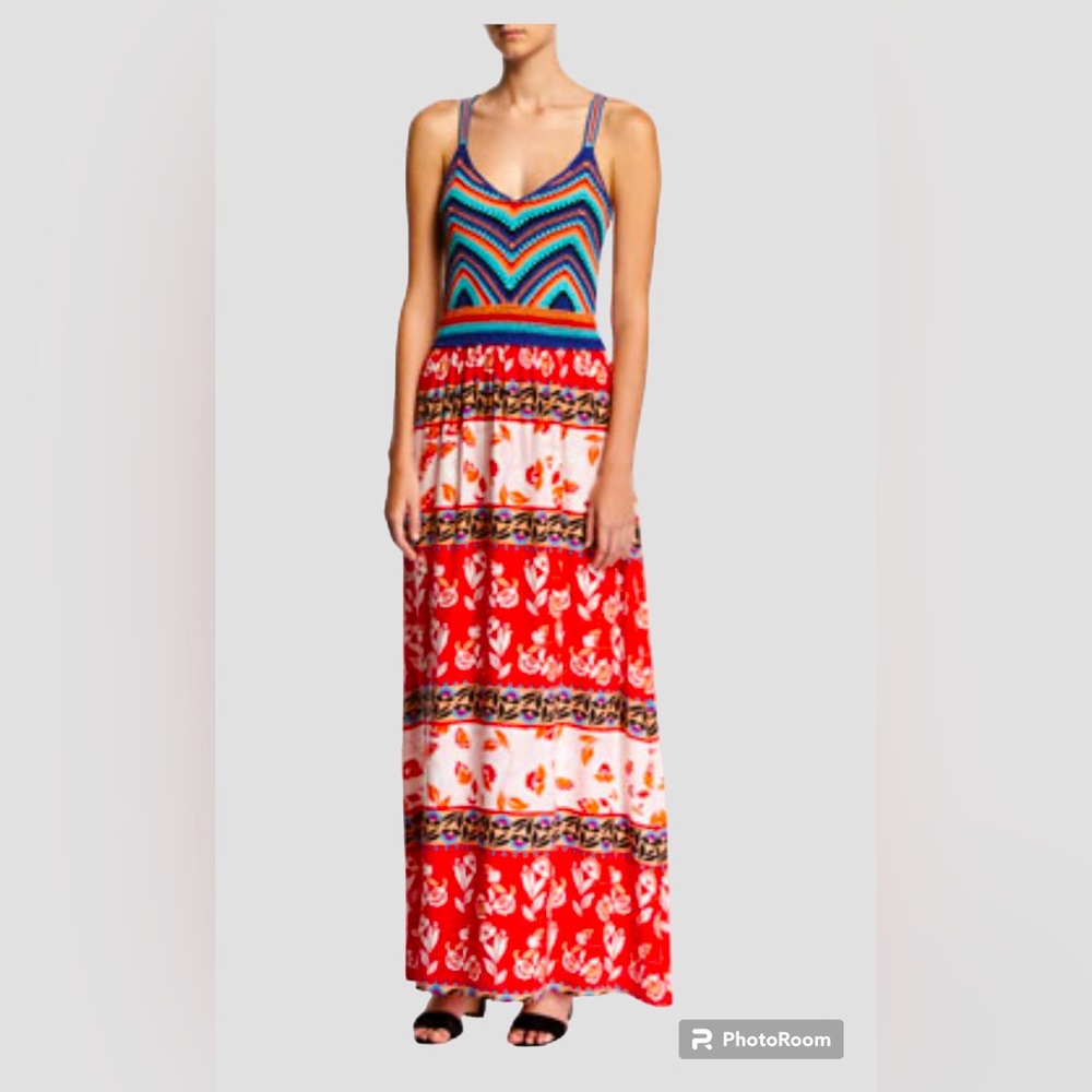 Parker Women’s Maxi Dress 6 Crochet Mixed Media Mixed Print